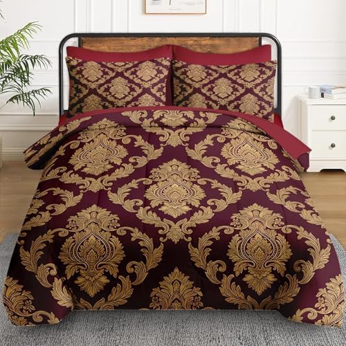 WeCozy Twin Comforter Set with Sheets, 5 Pieces Red Gold Bedding - Image 2