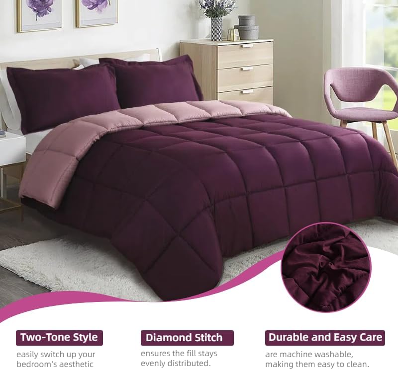 HOMME Queen Size 3 Pieces All Season Soft Comfortable Down Alternative Reversible Quilted Oversize Comforter Set School Dorm, Machine Washable - Image 2