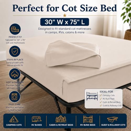 Zipper Cot Fitted Sheet Bundle, 30 x 75 Camping Cot Mattress Sheets, 400 Thread Count 100% Cotton, Includes 1 Wraparound Base, 2 Removable Zipper Top Sheets & 2 Pillowcases, 8 Inch Deep Pocket, Ivory - Image 2