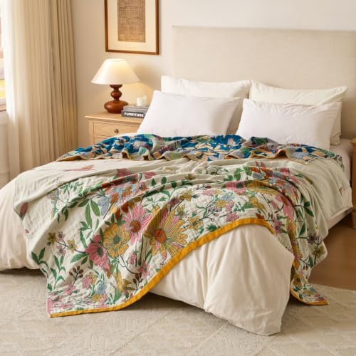 Boho Throw Blanket, 100% Soft Cotton Floral Quilt, Twin 60"x 80" - Image 6