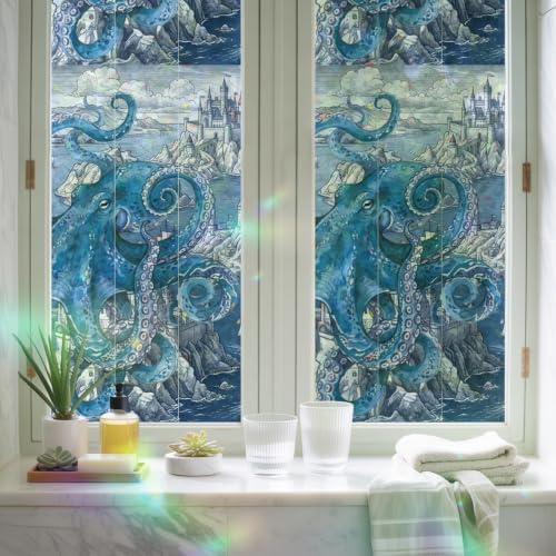 Ocean Blue Octopus Window Privacy Film Rainbow Static Cling Stain Glass Window Film for Glass Door, Decorative Sunroof Decal Sticker for Car 35.4"x78.7" Nautical Castle Coastal Lighthouse - Image 6