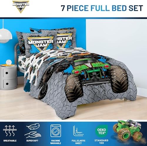 Monster Jam Full Size Comforter Set 7 Piece Kids Bedding for Boys, Gray - Image 4