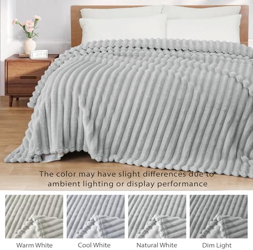 Exclusivo Mezcla Striped California King Fleece Bed Blanket, Light Grey - Image 3