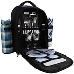 Picnic Backpack, 2-Person, Blanket & Wine, Family & Lovers Gift, Blue Plaid - Image 2