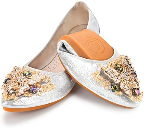 KUNWFNIX Women Ballet Flats Rhinestone Wedding Ballerina Shoes Foldable Sparkly Comfort Slip on Flat Shoes by KUNWFNIX