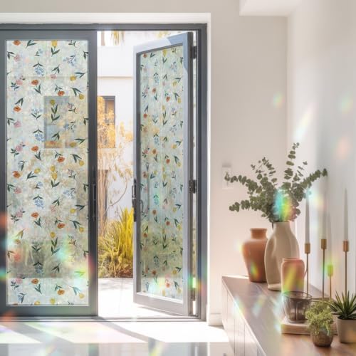 Wildflower Spring Window Privacy Film Rainbow Static Cling Stain Glass Window Film for Glass Door, Decorative Heat Blocking Sunroof Decal Sticker for Car 23.6"x78.7" Cottagecore Floral Rustic Summer - Image 3