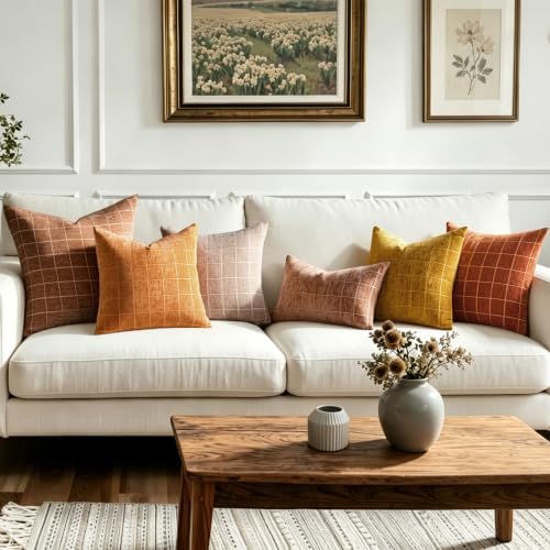 Decorative Chenille Plaid Fall Throw Pillow Covers Bronze 26x26 Set of 2 - Image 4