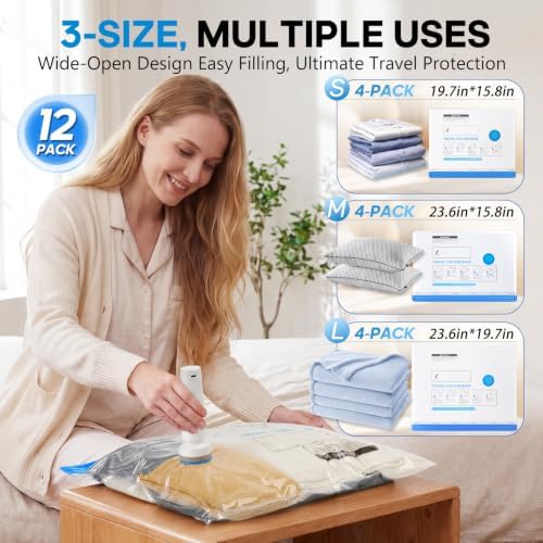 12 Combo Size Vacuum Storage Bags for Travel with Cordless Pump, Space Saver Bags for Clothes, Compression Packing Bags for Luggage,Blue - Image 2
