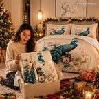 CCoutueChen King Size Comforter Set for Women,Teal Peacock Feather Bedding Set with Blue and White Floral,Elegant Watercolor Bird Flowers Decor,3Pcs Soft Fluffy Microfiber with 2 Pillowcases,104 * 90 - Image 6