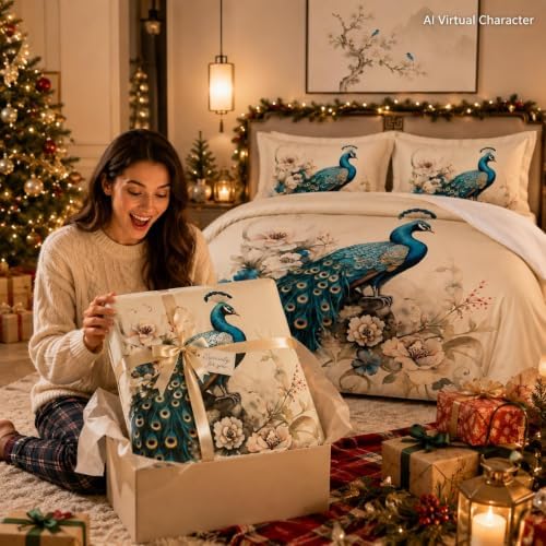CCoutueChen King Size Comforter Set for Women,Teal Peacock Feather Bedding Set with Blue and White Floral,Elegant Watercolor Bird Flowers Decor,3Pcs Soft Fluffy Microfiber with 2 Pillowcases,104 * 90 - Image 6