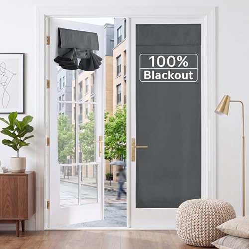 RYB HOME 2 Panels 100% Blackout French Door Curtains Set of 2 - W30 x L69, Grey - No Drill Door Window Curtains Thermal Insulated Privacy Assured Shades for Front Entrance by RYBHOME