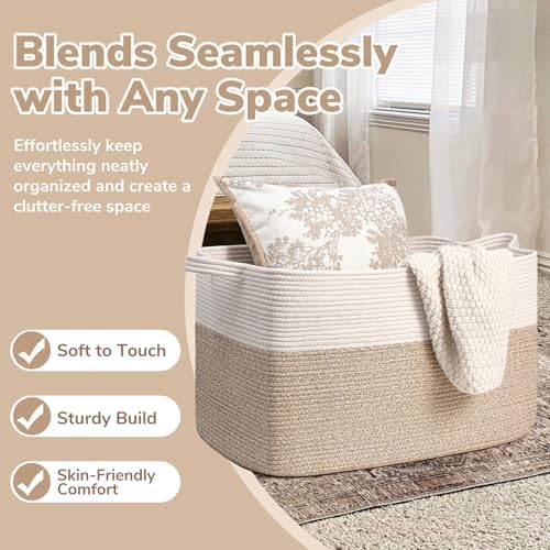 Goodpick 85L Large Woven Rope Blanket Basket, White & Light Brown - Image 5