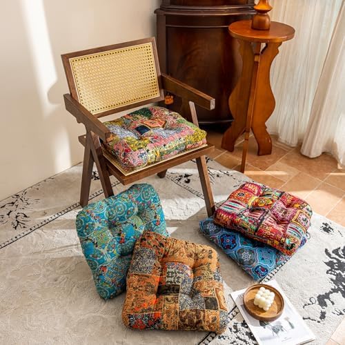 vctops 2 Pack Boho Paisley Chair Cushions with Ties Patchwork U-Shaped Soft Cozy Cotton Linen Chair Pads Non Slip Seat Cushions for Indoor Dining Room and Kitchen Chairs (Tan,16"x16") - Image 7