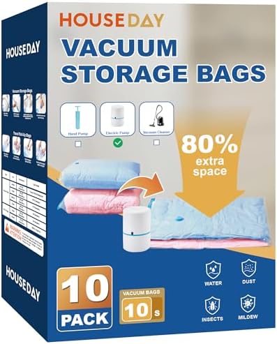 HOUSE DAY 10 Small Vacuum Seal Bags For Clothing Travel, 80% Space Saving Travel Vacuum Bags with Electric Pump, Vacuum Storage Bags For Clothes, Bedding, Moving, Camping, Toys, Storage & Organization by HOUSEDAY