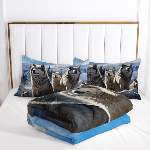 Nttopship Snowy Wolf Comforter Set for Adults 3Pcs,Forest Snow Wolf Theme King Size Bedding Set Soft Warm for All Season Room Decor with 1 Comforter and 2 Pillow Case - Image 4
