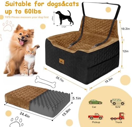 Dog Car Seat for Medium/Large Dog Booster Seat Under 60 lbs or 2 Small Dogs, Multi-Functional Pet Car Seat with Thick Cushion, 2 Safety Leashes(BlackBrown) - Image 2