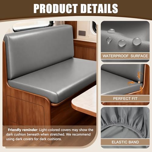 SearchI PU Leather RV Dinette Cushion Covers, Stretch Camper Cushion Slipcovers for Travel Trailer Couch RV Booth Seat, Replacement Camper Chair Protector(2 Backrest Cover & 2 Bench Cover, Grayish) - Image 2