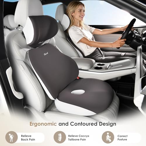 FLORICH Car Seat Cushion & Lumbar Support Pillow & Car Neck Pillow, Ergonomic Memory Foam Driving Seat Cushion for Back & Sciatica Pain Relief, Non-Slip Washable Cushion for Car, Driver, Office-Gray - Image 2