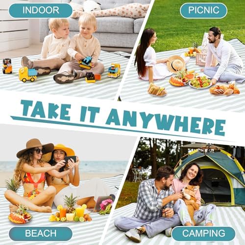 80" x 100" Extra Large Picnic Blankets, Green and White, Stripe - Image 6