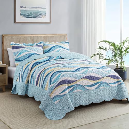 HoneiLife Queen Bedspreads Oversized - 106"x106" Coastal Quilt Sets, Beach Quilt 3-Piece, Nautical Bedspreads Ocean Coverlets, Lightweight Bed Cover, Summer Quilts - Image 3