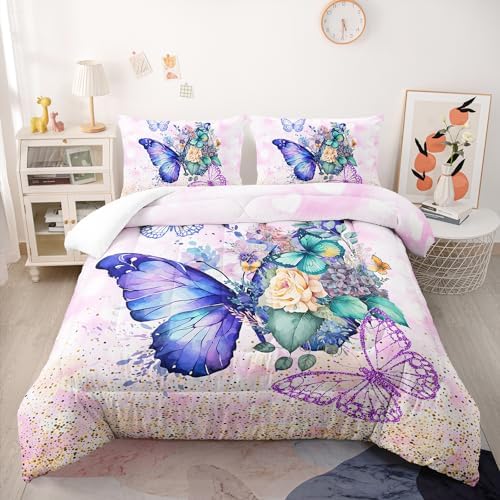 Nttopship Dream Purple Butterfly Comforter Set Queen Size for Adults 3Pcs,Flowers and Watercolor Butterflies Comforter for All Season Room Decor with 1 Comforter and 2 Pillow Case - Image 2