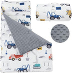 PHF Toddler Nap Mat with Removable Pillow and Minky Blanket, Rollup Design Kids Sleeping Mat, Slumber Bags for Boys, 55"x23" Toddler Sleeping Bag for Daycare Preschool Travel Camping, Truck and Digger by PHF