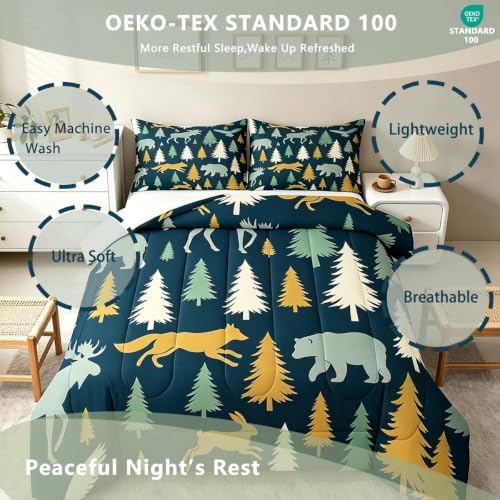 Feelyou Moose Fox Comforter Set Twin Size Soft Kids Nature Woodland Wild Animal Bedding Set with Pillow Case Farmhouse Bear Bathroom Lightweight Breathable Comforter - Image 3