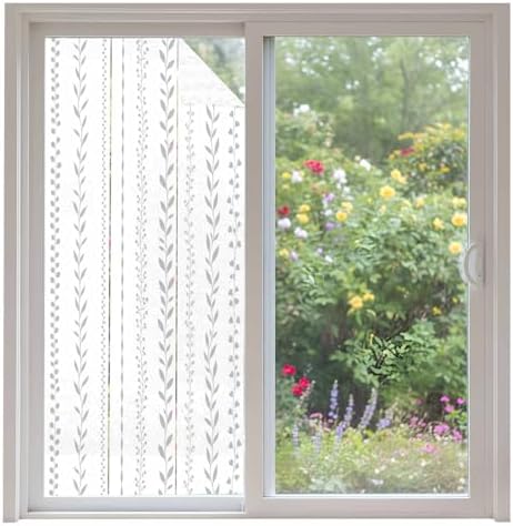 Window Privacy Film Frosted, Modern Minimalist Non-Adhesive Static Cling Window Tint, Rustic Leaves Vertical Stripes Gray Insulated Windows Frosted Films for Living Room, 35.4 x 78.7 Inches by Unknown