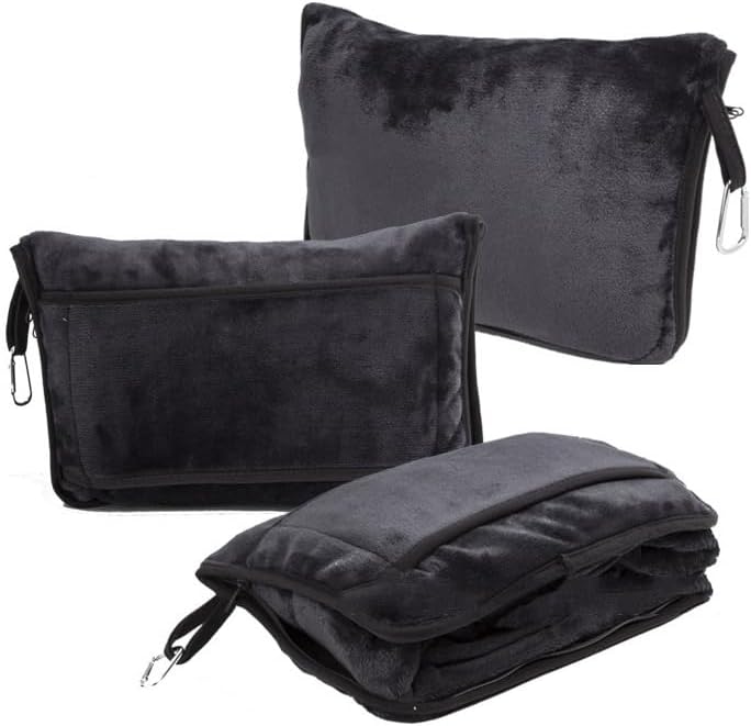 ShezPretty Premium 2in1 Soft Travel Blanket Pillow with Airline Hand Luggage Sleeve and Backpack Clip Airplane (Black) - Image 2
