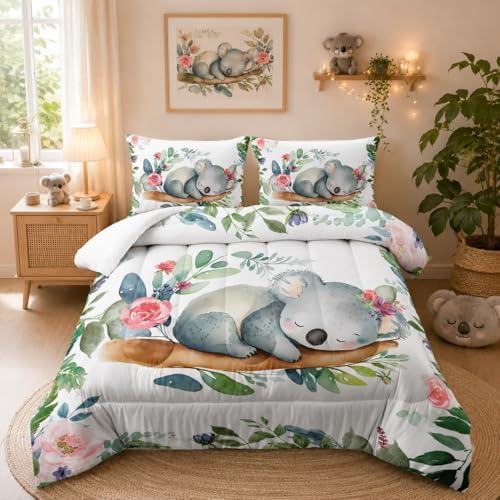Nttopship Cartoon Kaola Comforter Set King Size for Adults 3Pcs,Sleeping Koala Bedding Set Soft Warm for All Season Room Decor with 1 Comforter and 2 Pillow Case by Nttopship