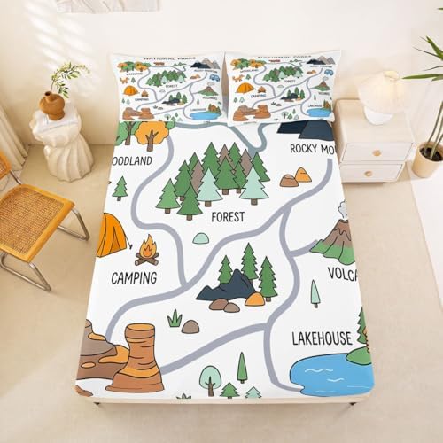 Erosebridal Forest Camping Theme Queen Fitted Sheet, Camping Lover Gifts Bedding Set for Kids Girls Boys, Outdoor RV Camper Bed Sheets(No Flat Sheet), Rustic Mountain Cabin Room Decor by Erosebridal