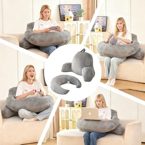 17" Reading Pillow for Bed,U Shaped Arm & Elbow Support,Gray Faux Fur - Image 5