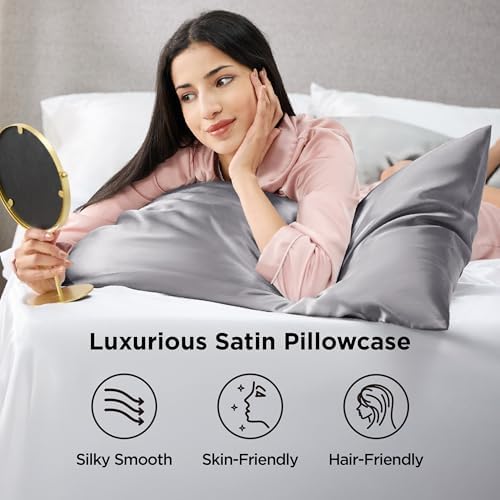 Bedsure Satin Pillowcases, Similar to Silk Pillowcase 8 Pack,Cooling Pillow Case for Sleeping Women with Envelope Closure, Gifts for Women Men, Dark Grey, Queen Size, 20x30 Inches, 8pcs - Image 2