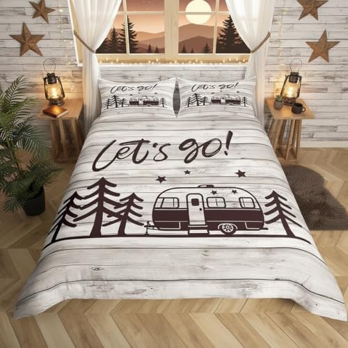 Homewish Camper Theme Bedding Set Happy Camping Comforter Cover Set for Kids Teens Women Room Decor Beige Wooden Duvet Cover Breathable Vintage Wood Farmhouse Bedspread Cover Full Size(No Comforter) - Image 3