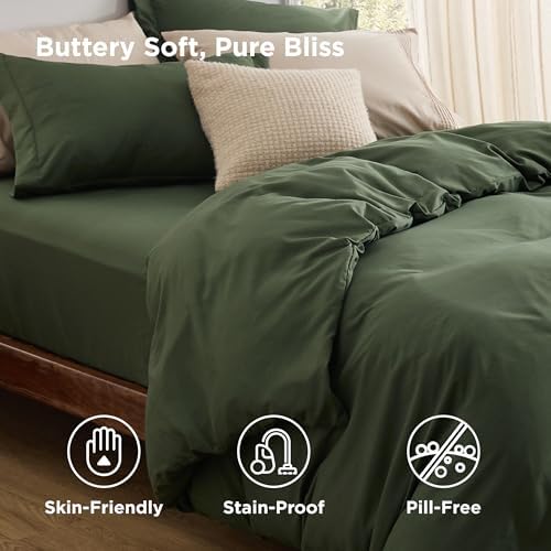 Bedsure Queen Duvet Cover with Fitted Sheet, Double Brushed Bedding, Green - Image 3