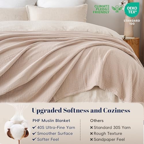 PHF 100% Cotton Muslin Blanket for Adults, Queen Size 90"X90", Dusty Pink - Image 4