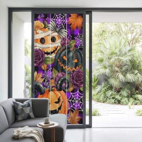 Window Privacy Film Frosted, Pumpkins Halloween Non-Adhesive Static Cling Window Tint, Black Horror Purple Check Floral Insulated Windows Frosted Films for Living Room, 35.4 x 78.7 Inches - Image 2