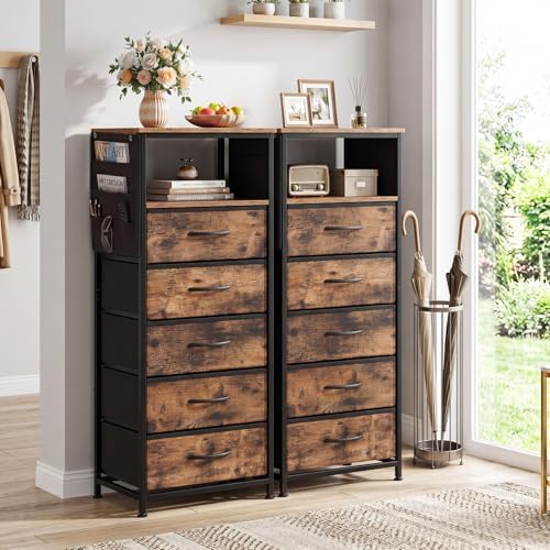 KOMFOTT 2 Nightstands with Integrated Charging Station, 39" Tall Modern End Table with 5 Fabric Drawers, Side Pockets and Open Shelf, Bedside Table with 2 AC Outlets, USB and Type-C Ports for Bedroom - Image 4