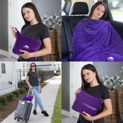BlueHills Travel Blanket Pillows for Two Airplane Traveling Essentials Flight Throws in Bag case with Backpack Clip Compact Large Plane Accessories – Purple and Grayish Blue - Image 2