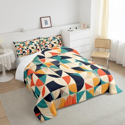 Erosebridal Teal Orange Geometric Toddler Bedding Set,Retro Abstract Aesthetic Comforter Set for Kids Room Decor,Colorful Quilt Bed Set Boho Style Down Comforter 2Pcs - Image 4