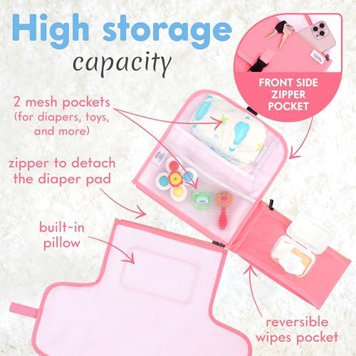 Kopi Baby Portable Diaper Changing Pad with Wipes Pocket, Classic Pink - Image 2