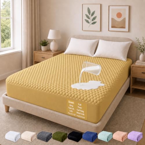 OhGeni 100% Waterproof Mattress Protector,Queen Size Mattress Soft Pad,Pet Hair & Bedwetting Resistant,Cooling Breathable Fitted Sheets,Washable Bed Cover Over 99 pcs Hex Filled Bumps,Yellow by OhGeni