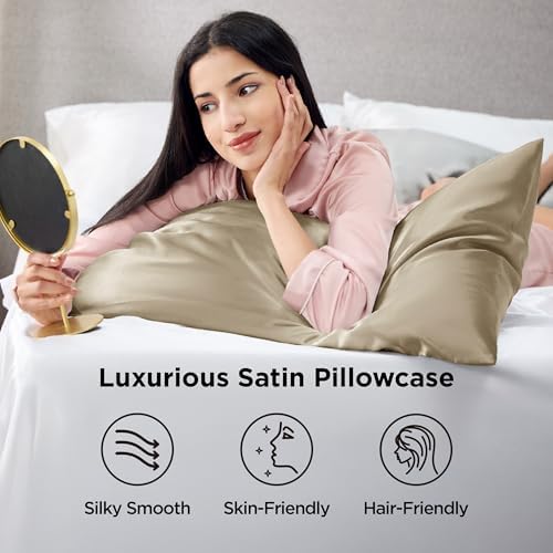 Bedsure Satin Pillowcases, Similar to Silk Pillow Cases Queen Size Set of 6, Pillow Case for Sleeping Women with Envelope Closure, Gifts for Women Men, Khaki, 20x30 Inches, 6pcs - Image 2
