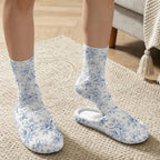 Toile de Jouy Fuzzy Slipper with Socks for Women Cozy Slipper Indoor - Image 3