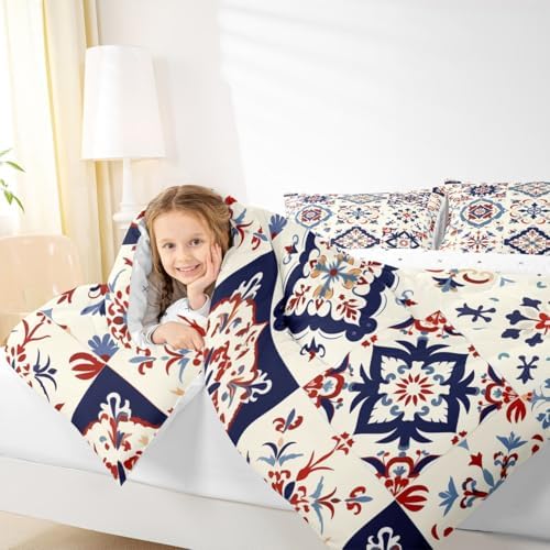 Erosebridal Mexican Style Twin Bedding Set,Colorful Talavera Tile Comforter Set for Kids Adults,Retro Vintage Floral Duvet Insert,Ethnic Mexico Aesthetic Bedroom Decor with 1 Pillowcase - Image 3