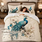 CCoutueChen King Size Comforter Set for Women,Teal Peacock Feather Bedding Set with Blue and White Floral,Elegant Watercolor Bird Flowers Decor,3Pcs Soft Fluffy Microfiber with 2 Pillowcases,104 * 90 - Image 2