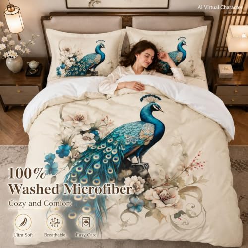 CCoutueChen King Size Comforter Set for Women,Teal Peacock Feather Bedding Set with Blue and White Floral,Elegant Watercolor Bird Flowers Decor,3Pcs Soft Fluffy Microfiber with 2 Pillowcases,104 * 90 - Image 2