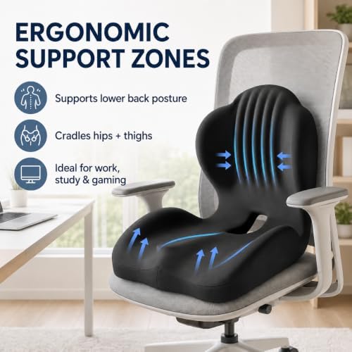 Ergonomic Memory Foam Seat Cushion, L Shaped Lumbar Support Pillow with Tailbone Relief, Orthopedic Chair Pad for Office, Car, Gaming Chair, Travel (Black) - Image 3