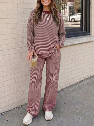 Women's 2 Piece Striped Lounge Set Wide Leg Pants Matching Pajamas Set - Image 3