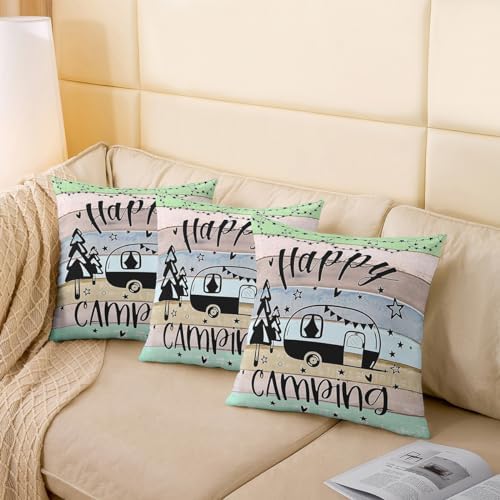 Feelyou Happy Camping Throw Pillow Covers 18"x18" Set of 4 Gifts for RV Owners Camper Decorative Pillow Case Rustic Farmhouse Style Cushion Case RV Decor Outdoor Pillows Covers for Travel Trailers - Image 5